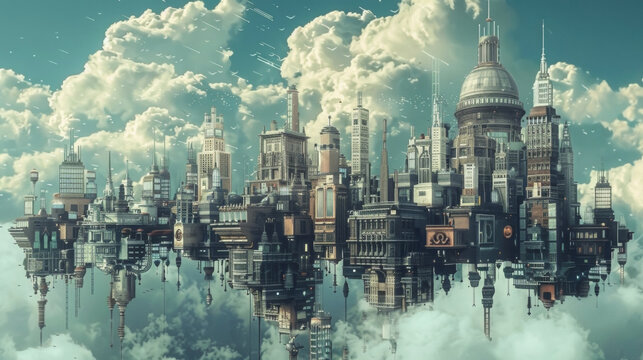 A sea of buildings rises into the sky a blend of futuristic structures and ornate timeworn constructions.