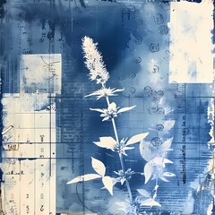 floral background of blue cyanotype silhouette plant - 747387425