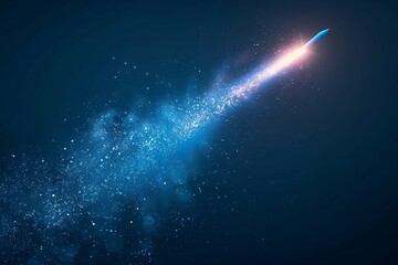 A rocket soaring upwards leaving a trail of digital blue particles against a minimalist background designed for copyspace on technological advancements