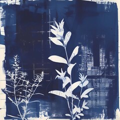 floral background of blue cyanotype silhouette plant - 747387464