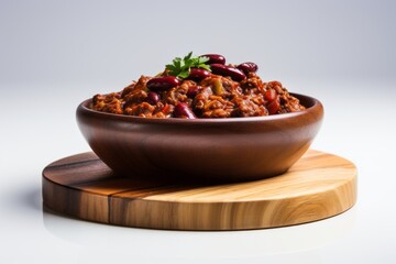 Hearty chili con carne on a wooden board against a white background