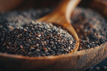 chia seeds with a wooden spoon on top,  soft focus lens,  smooth and curved lines