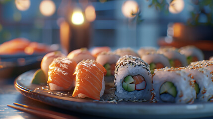 close up of salmon and tuna sushis on wooden plate in a japanese restaurant with wasabi sauce and ginger	