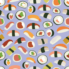 Repeat pattern with delicious hand drawn sushi and chopsticks 