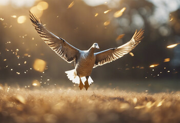 Golden goose taking flight
