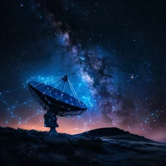 Fotobehang A satellite dish transmitting blue digital signals into space set against a backdrop of starry sky and satellite trajectories with copyspace for communication technology © Sara_P