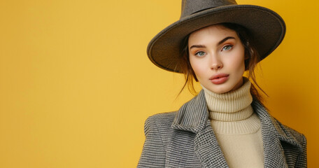 Lifestyle portrait of fashionable woman wearing winter or spring outfit, felt hat, gray wool coat and turtleneck on yellow background professional photography - obrazy, fototapety, plakaty