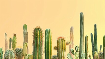 A row of various cacti species showcasing different sizes and patterns against a clean pastel yellow background for contrast