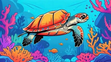 sea turtle swims among corals and fish in the azure tropical sea, concept for vacation, travel.