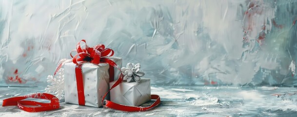 christmas gifts and snowflakes with white background and red ribbon, in the style of light sky-blue and gray