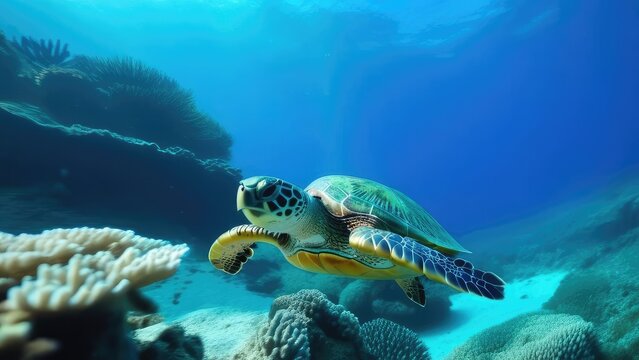 sea turtle swims among corals and fish in the azure tropical sea, concept for vacation, travel.