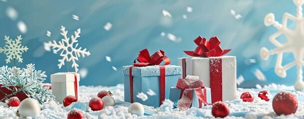 christmas scene with gifts, gift boxes, snowflakes and decorations, in the style of minimalist backgrounds, sky-blue and red