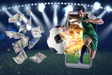 Win on sports betting, online bookmaker service. Football player kicking ball out of mobile phone...