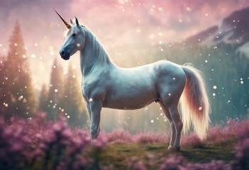 Obraz na płótnie Canvas Majestic unicorn standing in fairytale landscape illustration