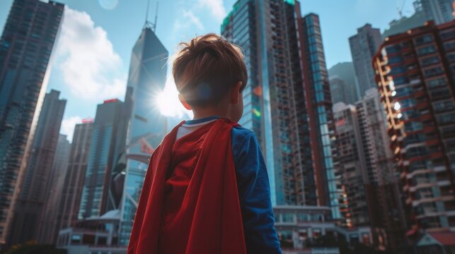Young superhero boy keeping an eye standing in front of modern high - rise city