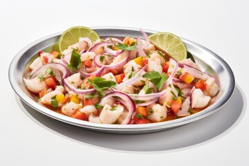 Juicy ceviche on a metal tray against a white background