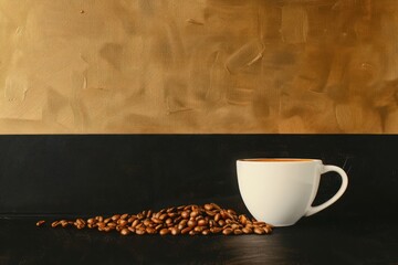 coffee cup on a black and gold background with coffee beans on it, in the style of playful compositions