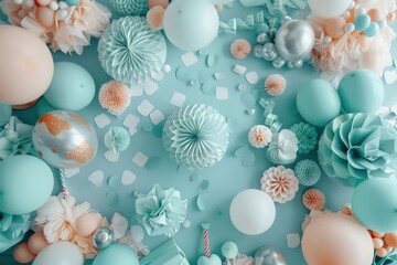 colorful party background with balloons, pompoms, presents, and decorations, in the style of light teal and light gray
