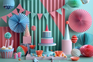 colorful birthday party with party decorations, in the style of light gray and emerald, matte background