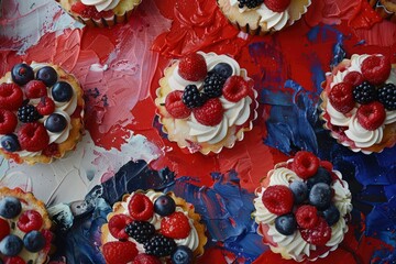colorful, tart cakes topped with berries and icing, in the style of aerial photography, light red and light navy, colorful collage, decorative backgrounds, light white and light indigo, organic