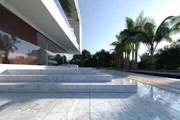 house with tropical landscape, modern architecture with twist of traditional architecture, concrete, wood, glass, marble