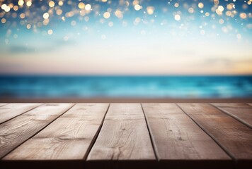 a wooden table on the beach - obrazy, fototapety, plakaty