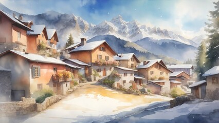 Charming mountain village watercolor - obrazy, fototapety, plakaty