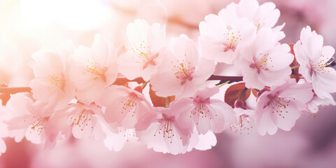 Blossoming Beauty: Delicate Pink Sakura Flowers in Full Bloom, Creating a Serene Springtime Oasis under a Bright Sunny Sky