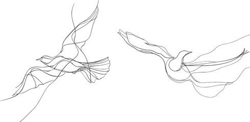 One line dove flies design silhouette.Hand drawn minimalism style - obrazy, fototapety, plakaty