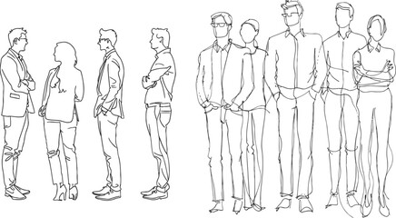 continuous line drawing of team standing in office