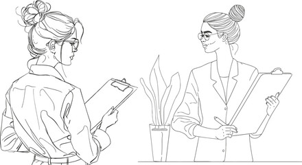 Continuous one line drawing female office secretary writing with clipboard