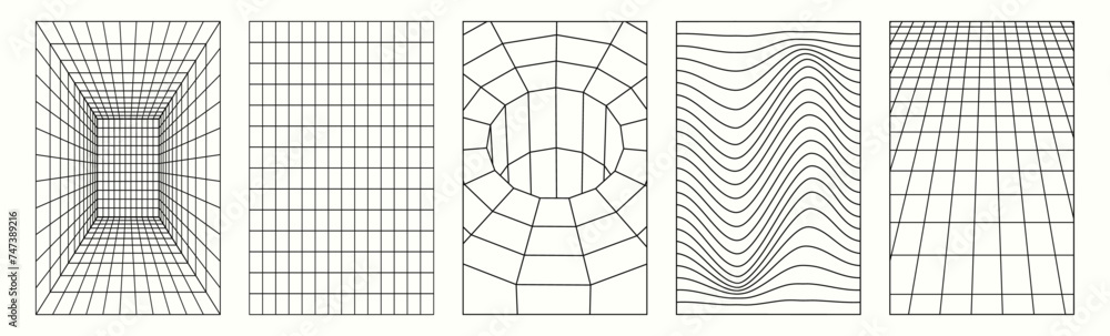 Poster distorted vertical grid. y2k retrowave, wireframe shapes. vector illustration. isolated background