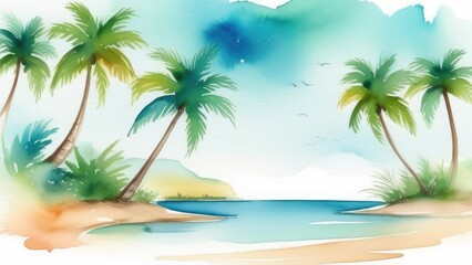 Fototapeta na wymiar concept vacation, travel, Tropical beach with palm trees and serene lagoon. Travel concept for relaxation and tranquility. watercolor style,