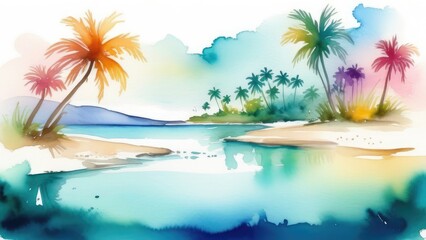 concept vacation, travel, Tropical beach with palm trees and serene lagoon. Travel concept for relaxation and tranquility. watercolor style,