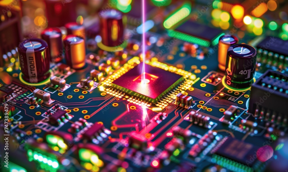 Poster light colorful digital technology microchip printed board background with pink beam over it