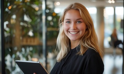 Young beautiful blond caucasian business woman or CEO executive manageer standing in light office with glass walls holding tablet and smiling at camera