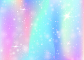 Holographic background with rainbow mesh. Kawaii universe banner in princess colors. Fantasy gradient backdrop with hologram. Holographic unicorn background with fairy sparkles, stars and blurs.
