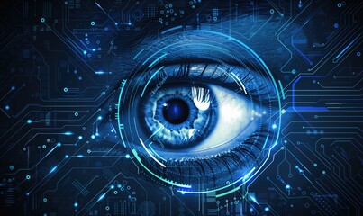Dark blue glowing eye with digital technology and ophtalmology microchip printed board background