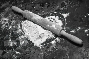 heart shape of a rolling pin and flour on the slate surface