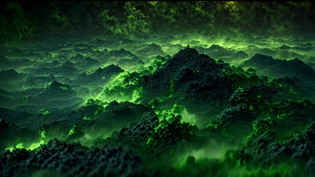 Abstract background animation of dark and mysterious landscape with an otherworldly aura. Rugged terrains dominate the scene, giving it a rough and untamed appearance. Green glowing lights are scatter