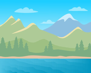 Landscape with mountains, lake and forest. Vector color illustration.