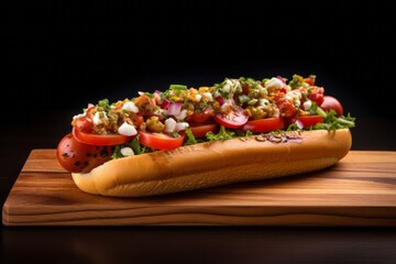 Tasty hot dog on a wooden board against a white background