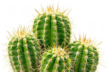 A vibrant green cactus with sharp spikes standing tall against a stark white background highlighting its unique texture and shape