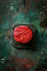 raw tenderloin beef steak on black stone top view, in the style of crimson and brown