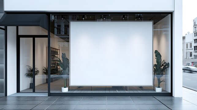 Blank large whiteboard on the glass windows in front of  shop, outdoors. front view. copy space, mockup product. billboard.