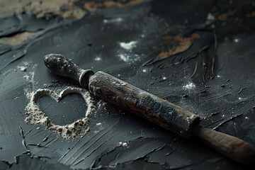 rolling pin with heart in the powder on the concrete background, in the style of dark black