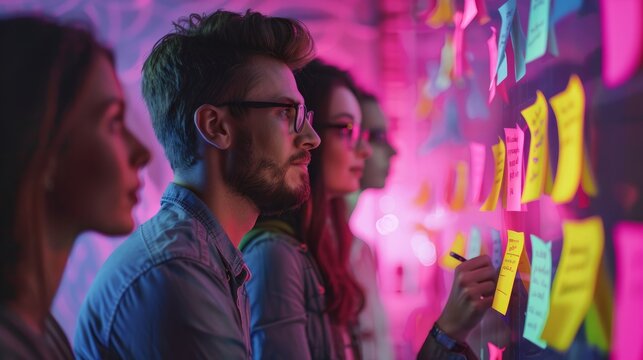 Creative marketing team brainstorming session: diverse group writing ideas on sticky notes