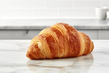 Refined croissant on a marble slab against a white background