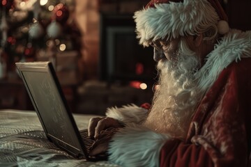 santa claus with his laptop, writing mail to kids, screen format, white, close up
