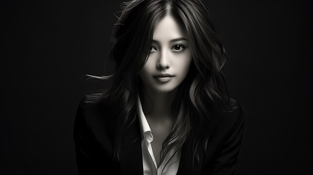 Portrait of beautiful asian woman in black suit on black background